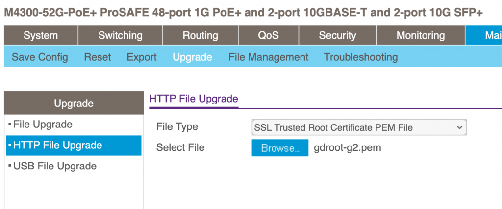 Screenshot of Netgear M4xxx interface showing root certificate upload