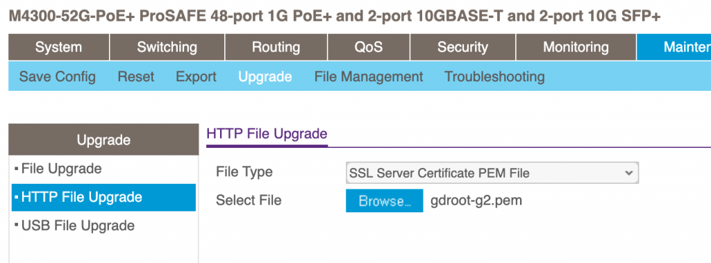 Screenshot of Netgear M4xxx interface showing server certificate upload